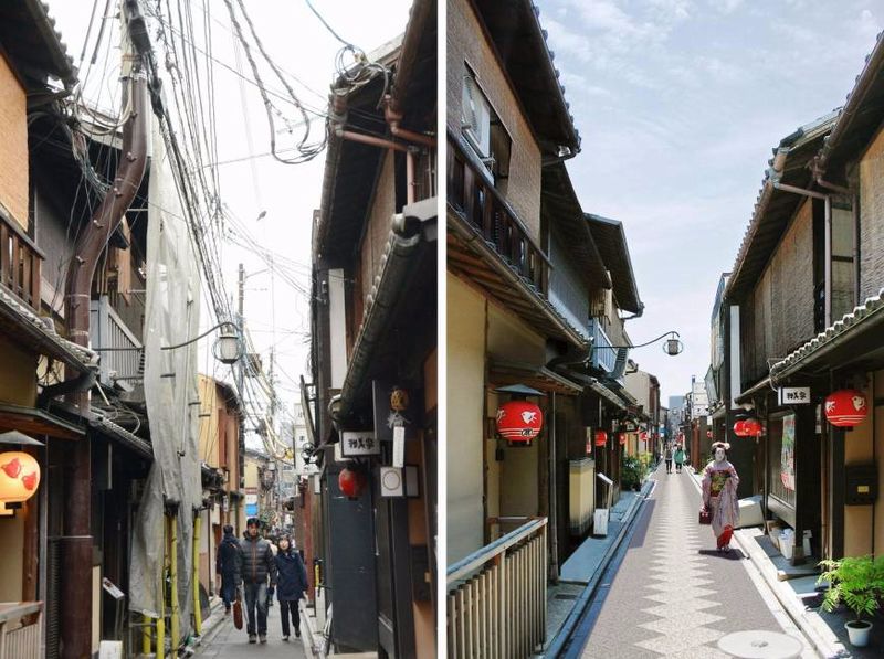 Pontocho con pali della luce e ricostruzione al computer.jpg Pontocho con pali della luce e ricostruzione al computer.jpg